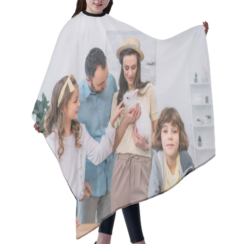 Personality  Young Family With White Adorable Bunny At Home Hair Cutting Cape