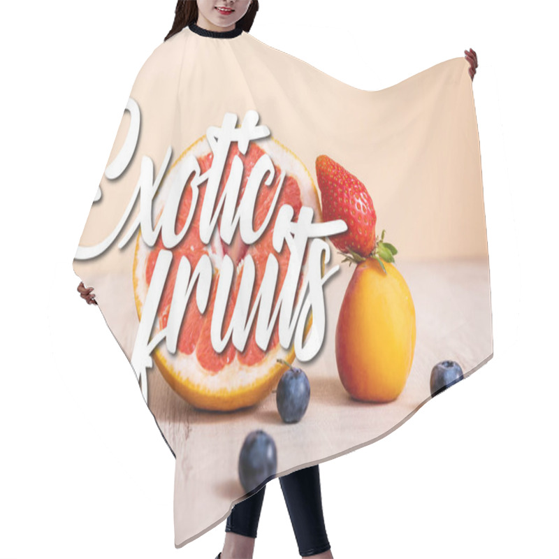 Personality  Fruit Composition With Berries, Grapefruit And Apricot Near Exotic Fruits Lettering On Beige Hair Cutting Cape