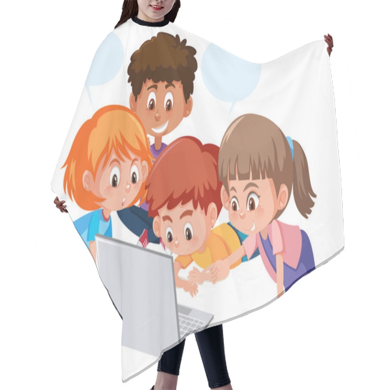 Personality  Group Of Children Using Computer Illustration Hair Cutting Cape