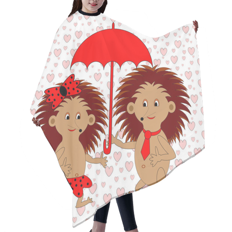 Personality  A Funny Cartoon Couple With Umbrella Under The Rain Of Hearts. A Hair Cutting Cape