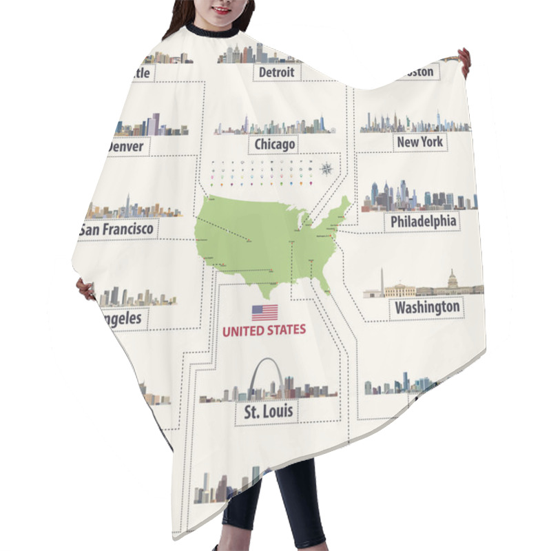 Personality  Vector Map Of United States Of America With Largest Cities' Skylines Hair Cutting Cape