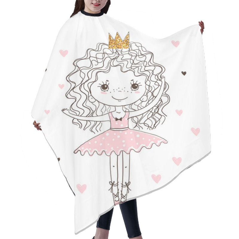 Personality  Cute Little Princess Ballerina. A Girl Dances In A Tutu Skirt And Pointe Shoes. Linear Hand Drawing, Vector Doodle Illustration Isolated On White Background. Hair Cutting Cape