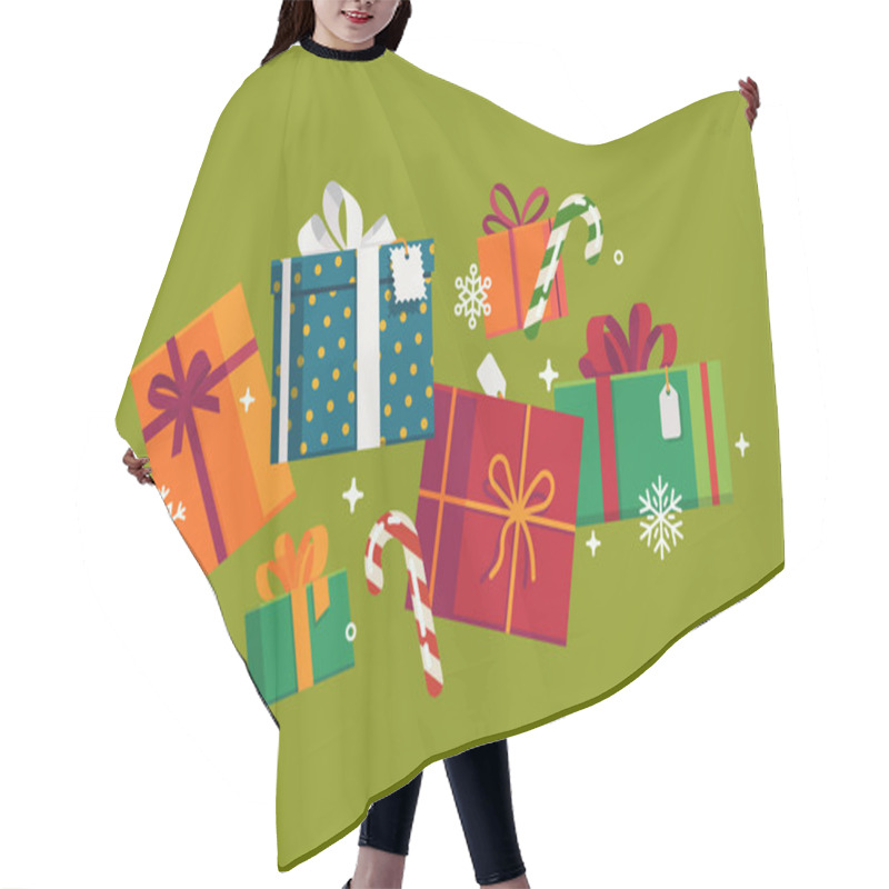 Personality  Cool Flat Vector Illustration On Christmas Gifts With Different Gift Boxes With Bows And Ribbons, Candy Canes And Snowflakes Hair Cutting Cape