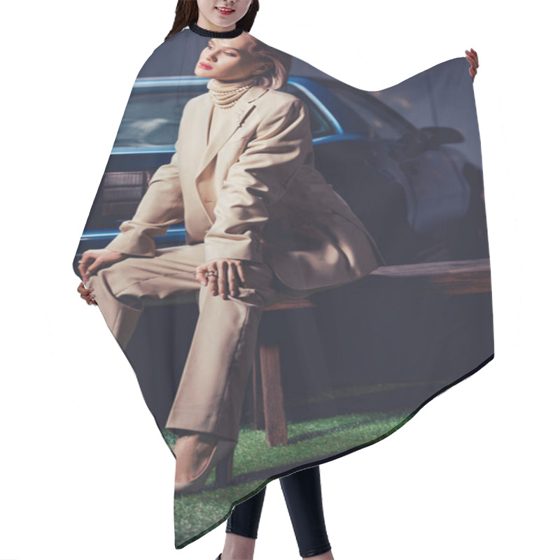 Personality  Attractive And Stylish Woman In Suit Sitting On Wooden Bench Bear Retro Car  Hair Cutting Cape