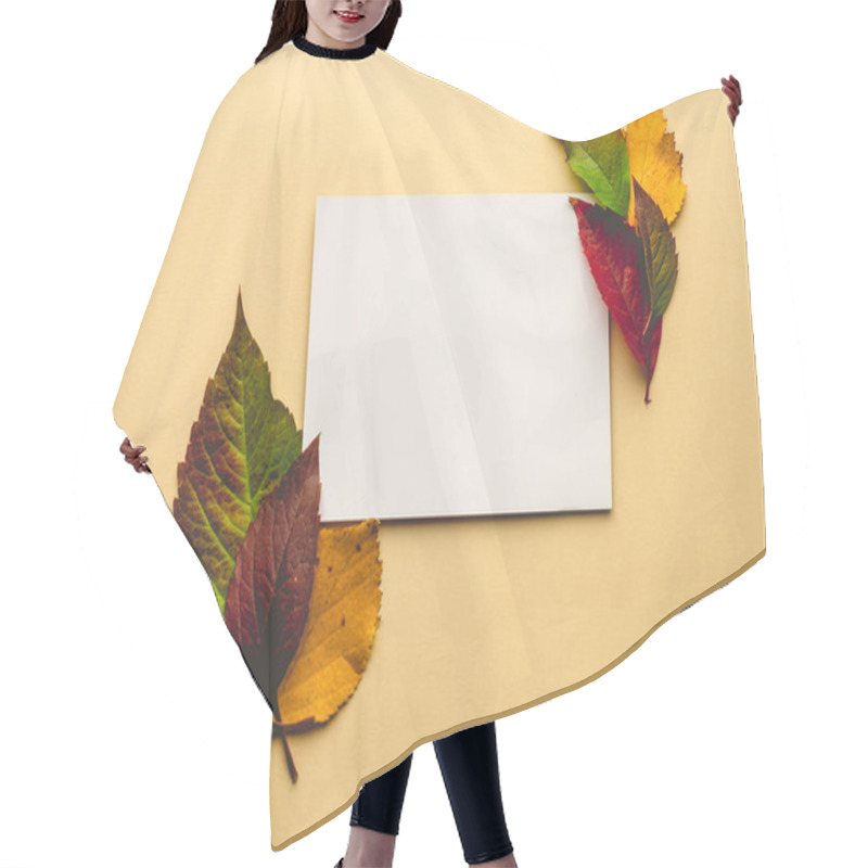 Personality  His Stock Photo Features A Minimalist Flat Lay Design With A Blank White Card Placed On A Neutral Beige Background, Bordered By Vibrant Autumn Leaves In Shades Of Green, Yellow, And Red. Hair Cutting Cape