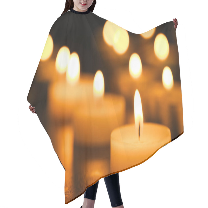 Personality  Burning Candles On Table, Closeup. Funeral Symbol Hair Cutting Cape