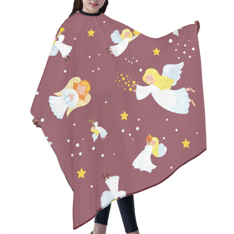 Personality  Christmas Holiday Flying Angel In The Sky With Wings And Golden Trumpet Like Symbol Christian Religion Or New Year Little Cute Girl On The Moon Jingle Bells Stars Vector Illustration. Hair Cutting Cape