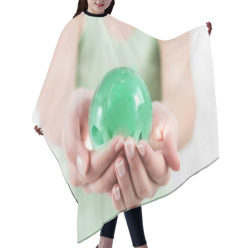 Personality  Green Earth Globe In Human Hands  Hair Cutting Cape