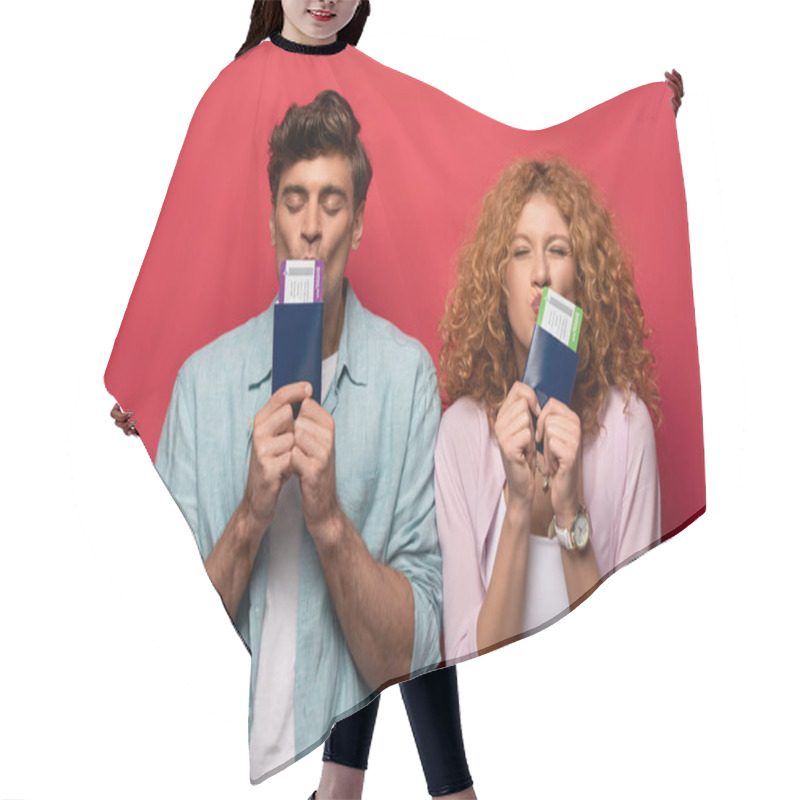 Personality  Couple Of Happy Travelers Kissing Passports With Air Tickets, Isolated On Red Hair Cutting Cape