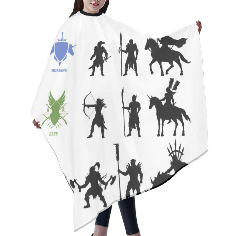 Personality  Black Silhouettes Games Characters. Elfs, Orcs And Humans Warrior. Fantasy Knights. Icon Of Medieval Units. Isolated Drawing Of Fantastical Warlords Hair Cutting Cape