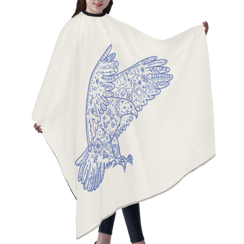 Personality  Scandinavian Folk Animal In Line Style. Eagle With Ornate Decoration, Symbols, Floral Pattern.  Hair Cutting Cape