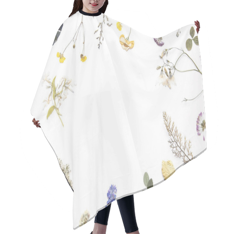 Personality  Various Dried Flowers And Herbs On White. Flat Lay. Hair Cutting Cape