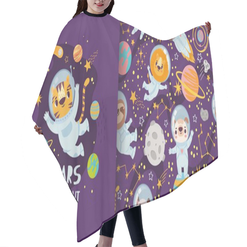 Personality  Cute Cartoon Animals In Space, Pajamas Print And Pattern Design. Astronauts In Space Suits Flying In Universe Hair Cutting Cape