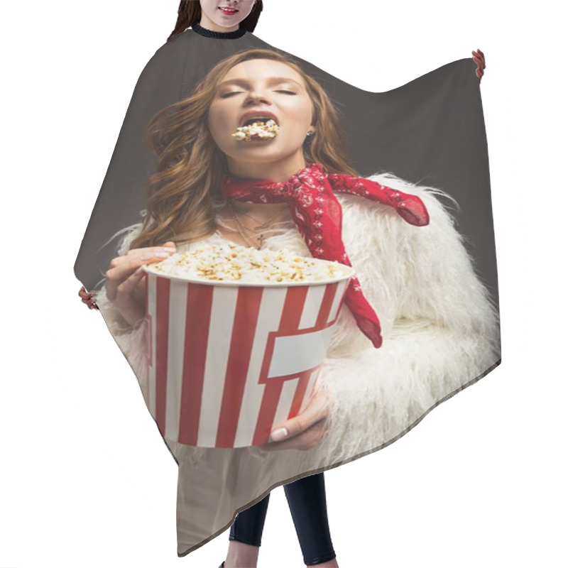 Personality  Woman With Closed Eyes Eating Popcorn From Box Hair Cutting Cape