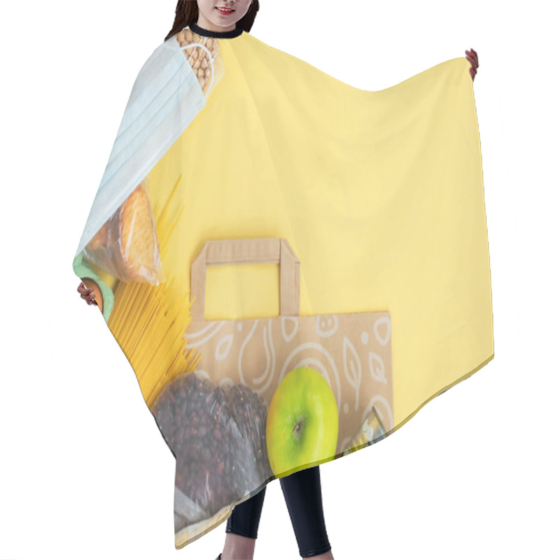 Personality  Food For Quarantine Isolation Period Flat Lay On Yellow Background With Copy Space. Eggs, Pasta, Beans, Toilet Paper, Apple And Some Seleals. Crisis Food Supplies. Delivery, Donation Concept. Hair Cutting Cape