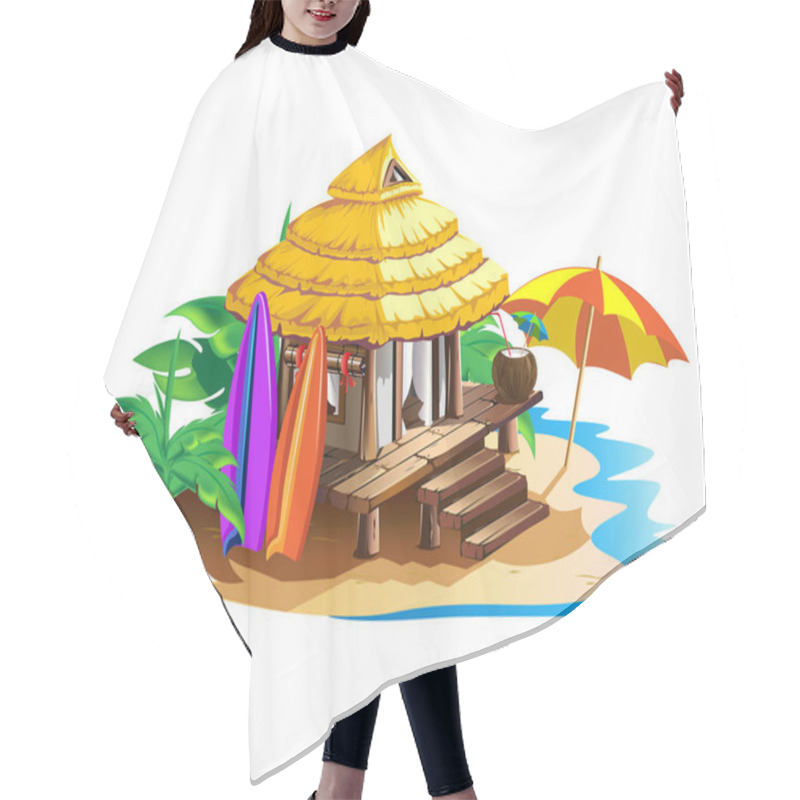 Personality  Tropical Hut With Thatched Roof. Summer Holidays In The Tropics By The Ocean. Isolated Vector Illustration In Cartoon Style Isolated On White Background. Hair Cutting Cape