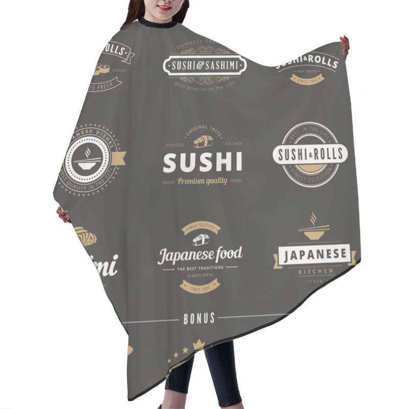 Personality  Sushi Rolls Sashimi Hipster Logo Design Vector Typography Letter Hair Cutting Cape