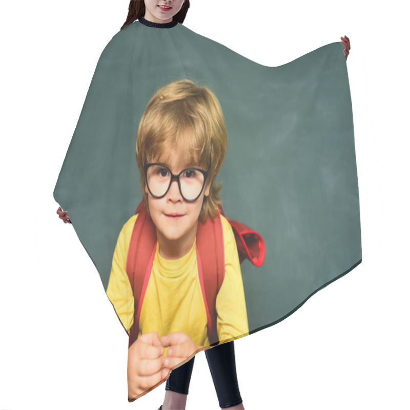 Personality  Cute Little Preschool Kid Boy In A Classroom. Science Education Concept. Classroom. Little Student Boy Happy With An Excellent Mark. Schoolboy. Hair Cutting Cape