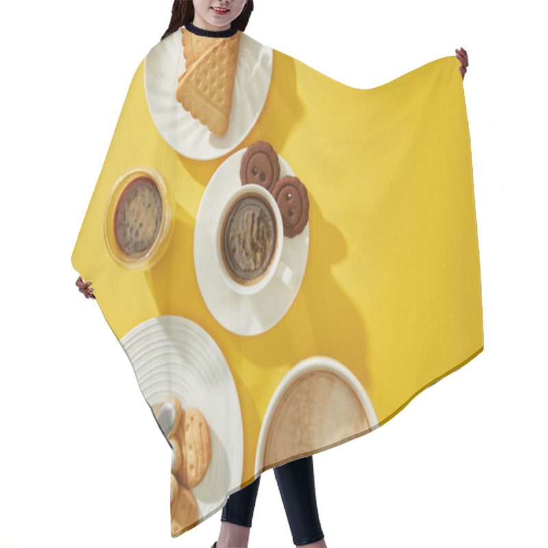 Personality  Top View Of Fresh Baked Cookies With Coffee On Yellow Background Hair Cutting Cape