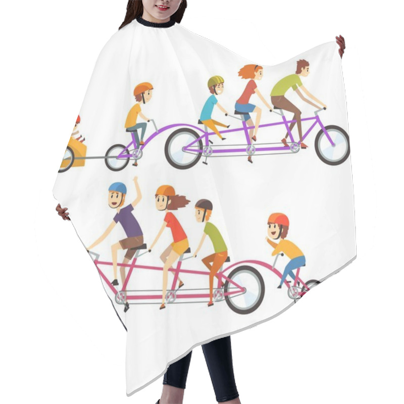 Personality  Illustration Of Two Happy Families Riding On Big Tandem Bike. Funny Recreation With Kids. Cartoon People Characters With Smiling Faces Expressions. Flat Vector Design Hair Cutting Cape