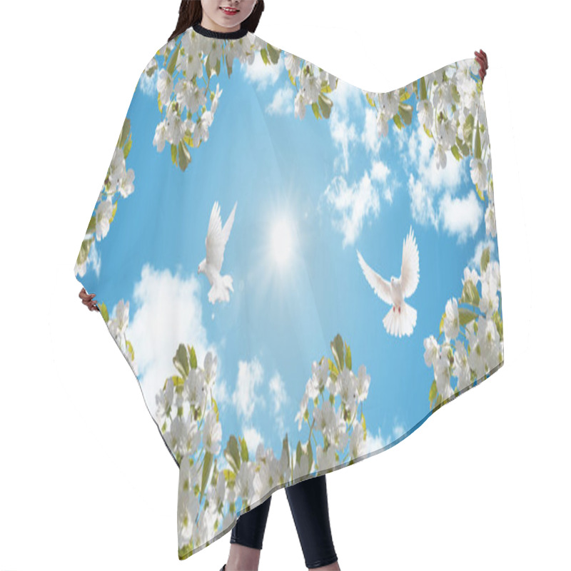 Personality  3D Stretch Ceiling Decoration Pattern. White Cherry Blossoms And Flying White Doves. Beautiful Sunny Sky Background. Hair Cutting Cape