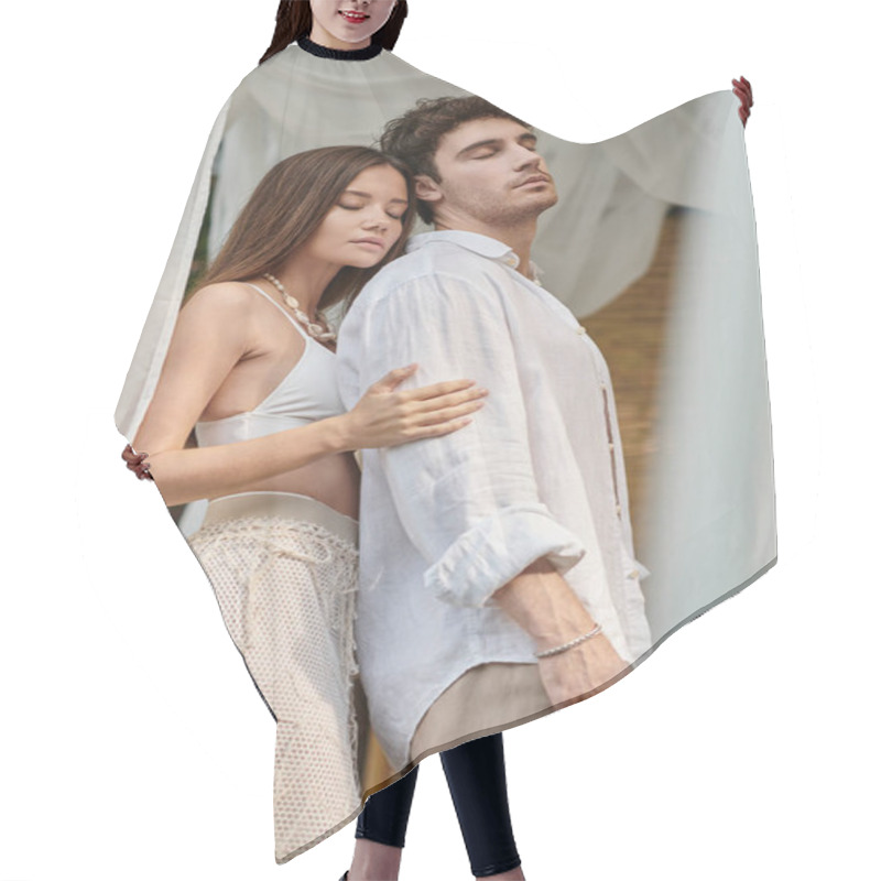 Personality  Tender Couple, Woman Embracing Handsome Man Near White Tulle Of Private Pavilion, Summer Vacation Hair Cutting Cape