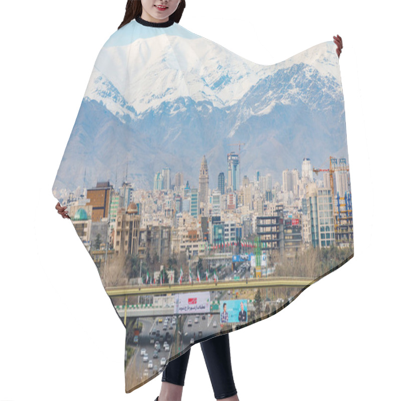 Personality  Islamic Republic Of Iran. Tehran. City Center And Mountainous Background. Hair Cutting Cape