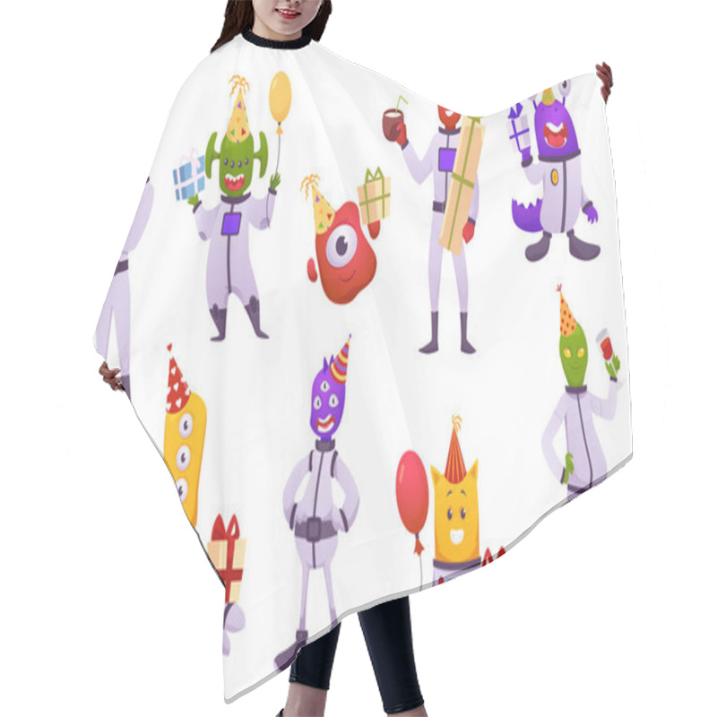 Personality  A Set Of Vector Friendly Aliens In Space Suits With Lots Of Eyes And Tentacles Holding Gifts On A White Background For A Festive Decor For Childrens Birthdays Hair Cutting Cape