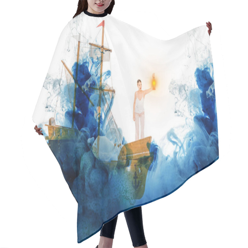 Personality  Girl Holding Lanter And Standing On Ship Model With Blue Cloud Illustration  Hair Cutting Cape