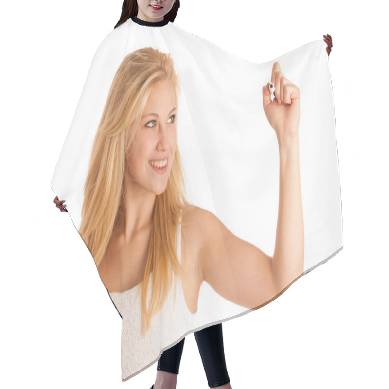 Personality  Young Blonde Business Woman With Blue Eyes, Writes On A Glass Ta Hair Cutting Cape