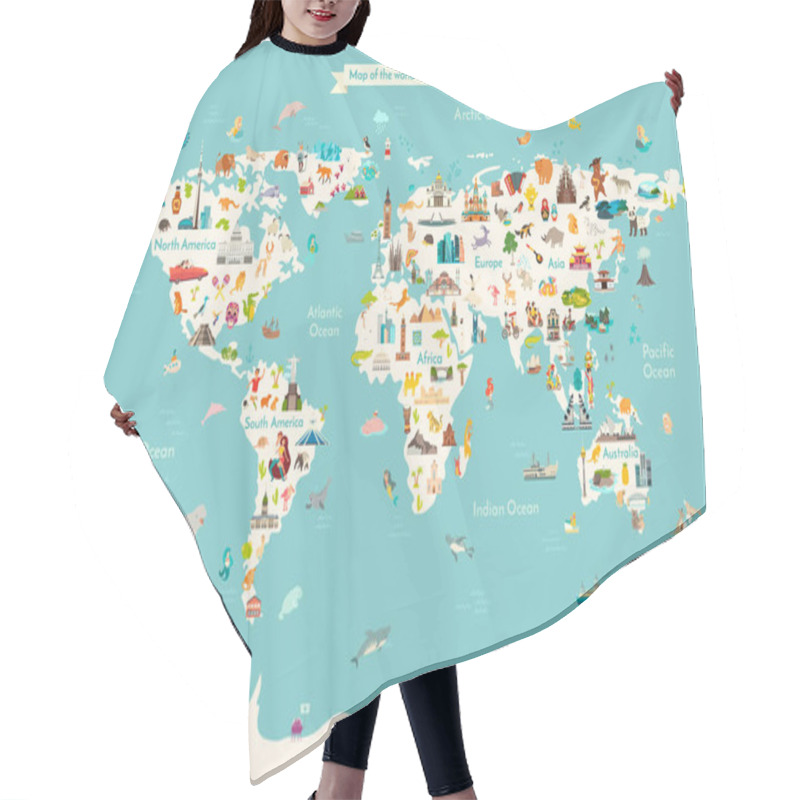 Personality  Landmarks World Map Vector Cartoon Illustration. Cartoon Globe Vector Illustration. Landmarks, Signs, Animals Of Countries And Continents. Abstract Map For Learning. Poster, Picture, Card Hair Cutting Cape