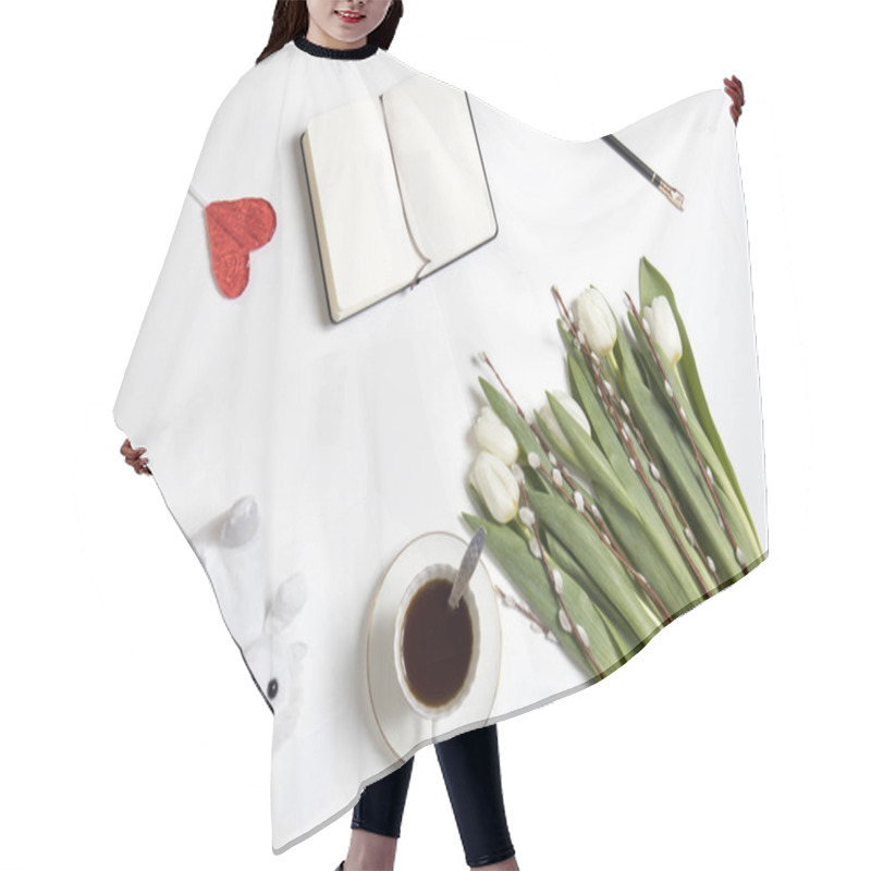 Personality  A Cup Of Coffee With A Notebook And A Bouquet Of White Tulips On A Wooden Table Hair Cutting Cape