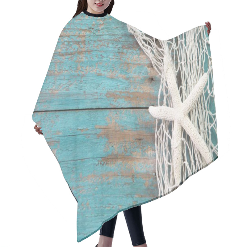 Personality  Starfish In A Fishing Net With A Turquoise Wooden Background Sha Hair Cutting Cape