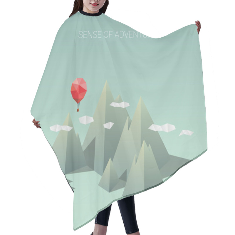 Personality  Polygonal Mountain Range With Red Balloon. Modern Low Poly Design Concept For Traveling And Adventure. Hair Cutting Cape