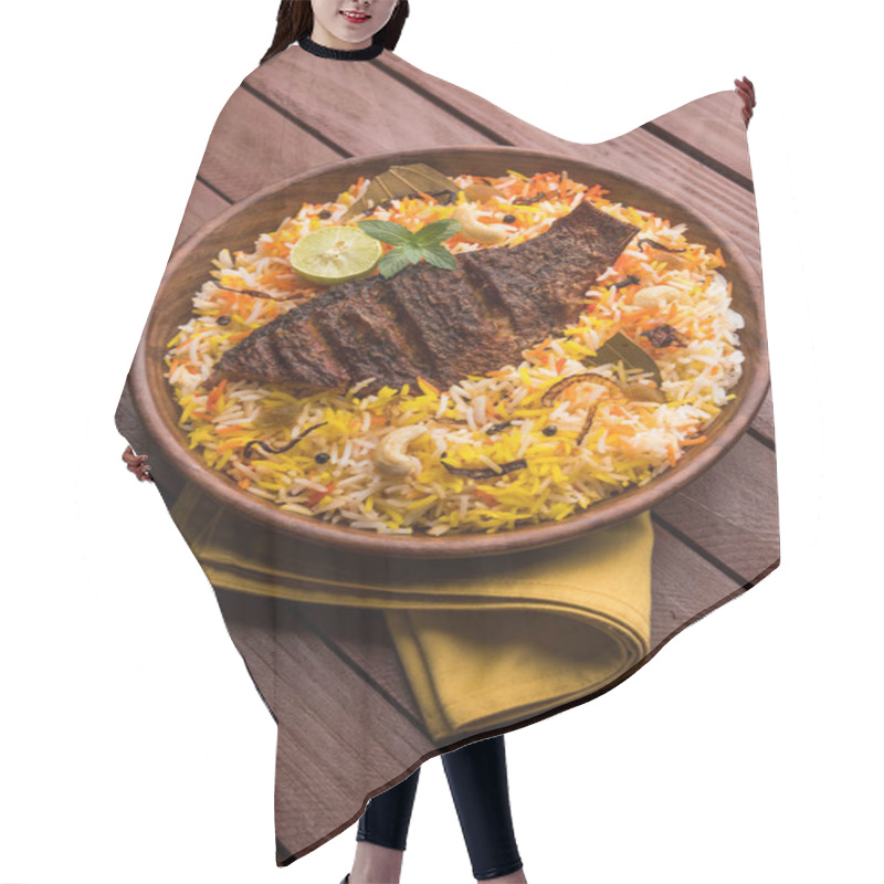 Personality  Fish Biryani Or Fish Rice - Popular Indian Non-vegetarian Recipe Made Of Fish Marinated With Indian Spices Fresh Herbs And Cooked With Basmati Rice, Selective Focus Hair Cutting Cape