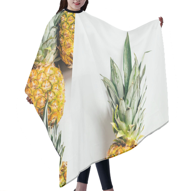 Personality  Collage Of Ripe Pineapples With Green Leaves On White Background Hair Cutting Cape