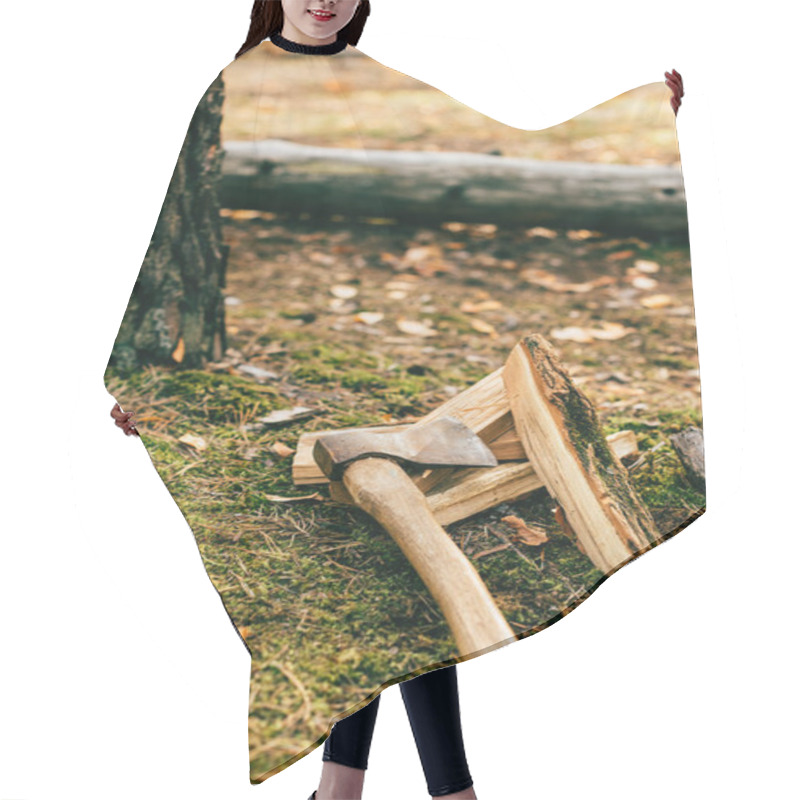 Personality  Pile Of Chopped Firewood On Ground With Ax In Autumn Forest  Hair Cutting Cape