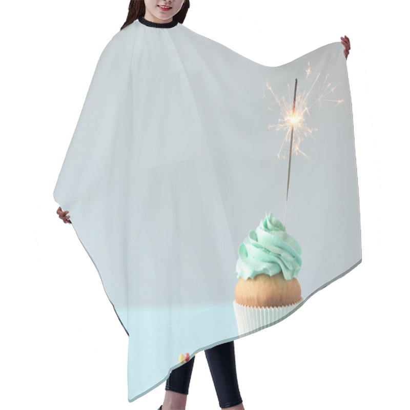 Personality  Delicious Birthday Cupcake With Burning Sparkler And Space For Text On Light Background Hair Cutting Cape