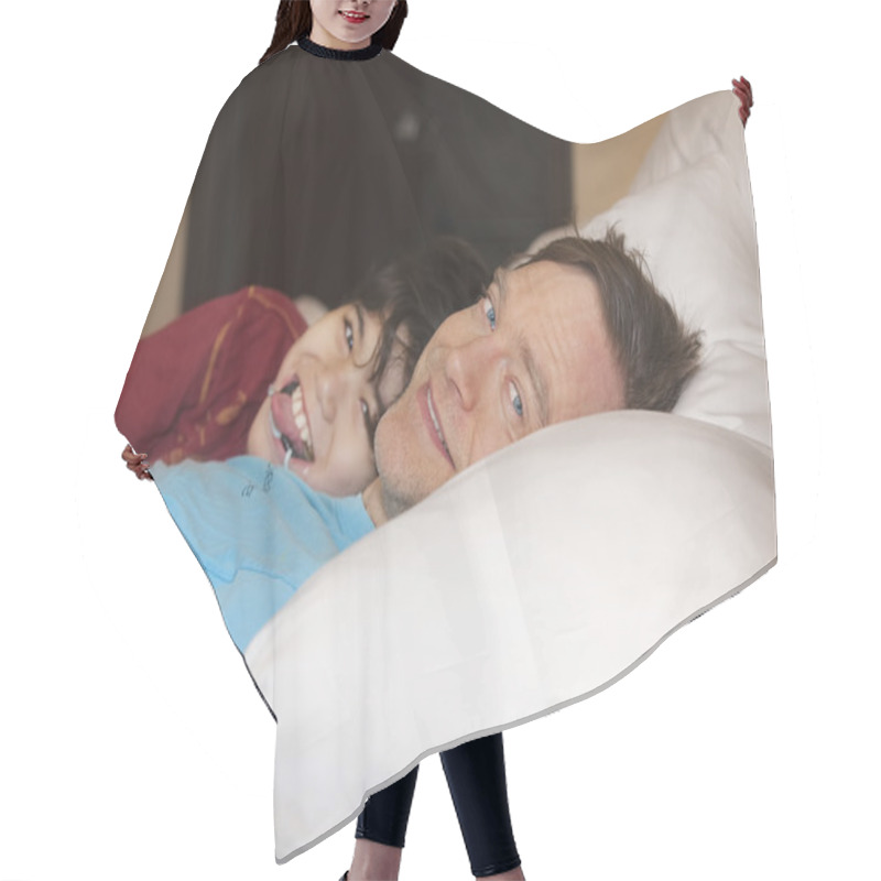 Personality  Father Sleeping In Bed With Disabled Young Son, Laughing And Smi Hair Cutting Cape