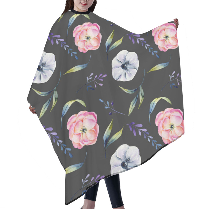 Personality  Watercolor Pink Peonies And White Anemones Seamless Pattern, Hand Drawn On A Dark Background Hair Cutting Cape