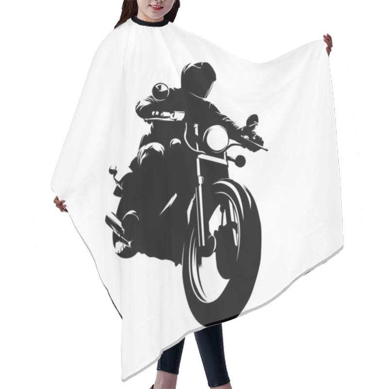 Personality  Chopper Motorbike, Isolated Vector Silhouette, Ink Drawing. Motorbike Rider, Front View Hair Cutting Cape