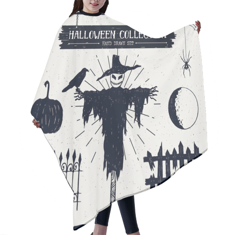 Personality  Halloween Set Of Scarecrow, Raven, Pumpkin, Fence, And Full Moon Illustrations. Hair Cutting Cape