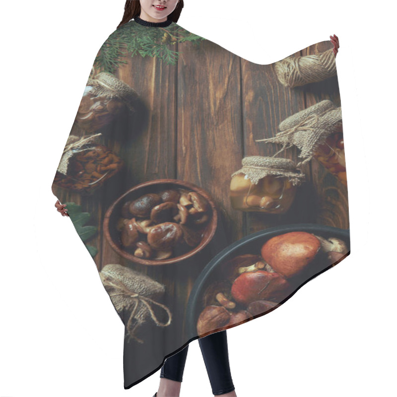 Personality  Top View Of Delicious Canned And Fresh Mushrooms On Wooden Table Hair Cutting Cape