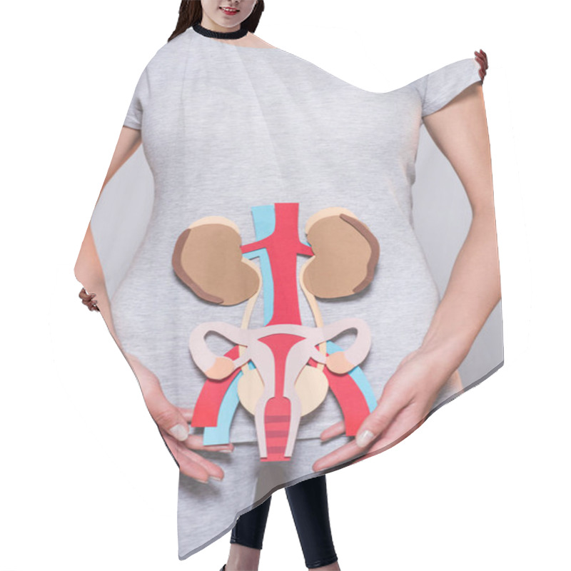 Personality  Cropped Shot Of Woman With Paper Made Human Internal Organs And Female Reproductive System On Grey Background Hair Cutting Cape