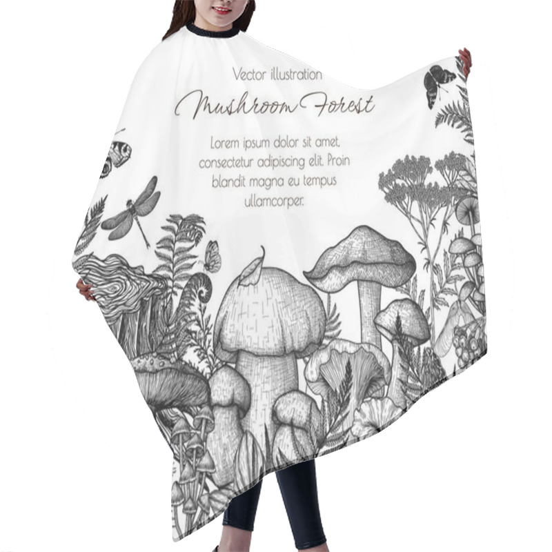 Personality   Vector Frame Of Mushrooms In The Forest In Engraving Style. Graphic Linear Fly Agaric, Chanterelles, Porcini Mushroom, Honey Mushrooms, Morels, Mycena, Russula, Boletus Surrounded By Plants Hair Cutting Cape