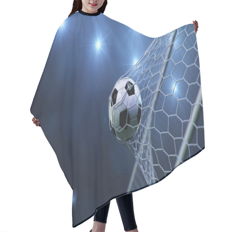 Personality  Soccer Ball Flew Into The Goal. Soccer Ball Bends The Net, Against The Background Of Flashes Of Light. Soccer Ball In Goal Net On Blue Background. A Moment Of Delight. 3D Illustration Hair Cutting Cape