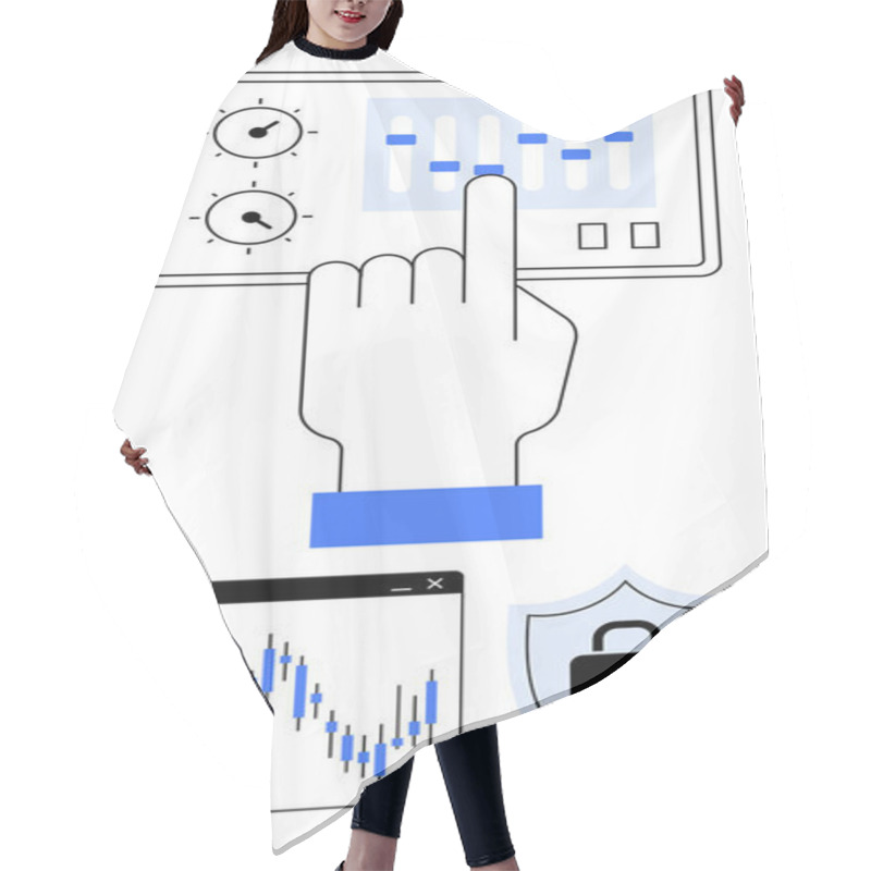 Personality  Hand Operating Sliders On A Control Panel, Security Shield With Lock, Financial Chart. Ideal For Technology Management, Cybersecurity, Finance, Data Analysis, Software Control, Security Protocols Hair Cutting Cape