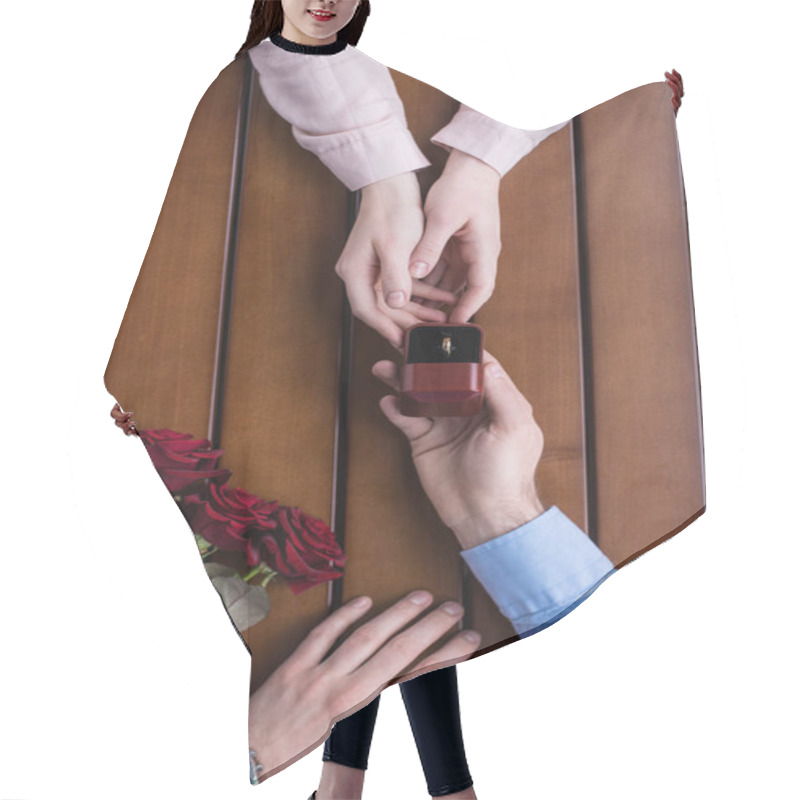 Personality  Cropped Image Of Boyfriend Proposing Girlfriend And Holding Wedding Ring Hair Cutting Cape