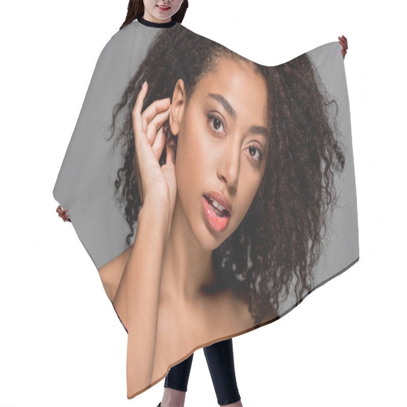 Personality  Portrait Of Naked Curly African American Girl, Isolated On Grey Hair Cutting Cape