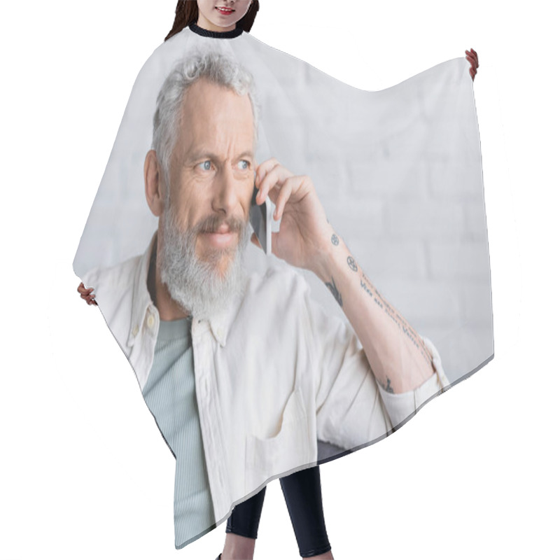 Personality  Tattooed And Bearded Man With Grey Hair Talking On Smartphone  Hair Cutting Cape